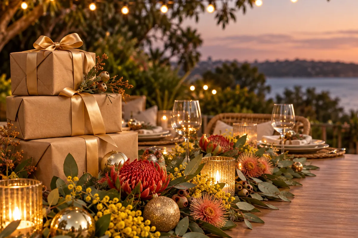 An Australian Christmas table with kraft-wrapped gifts, native flowers and candlelight