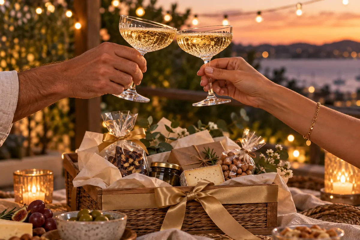 Two people toasting with Champagne coupes over a Hampers With Bite gift hamper